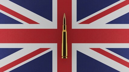 Fototapeta na wymiar 3D rendering of top down view of a single rifle bullet in the center and on top of the national flag of United Kingdom