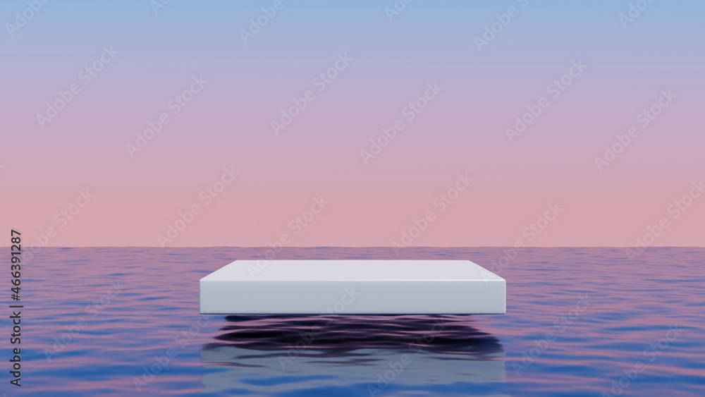 Poster White cube podium floating above the ocean.Abstract minimal surreal background.3d rendering illustration.