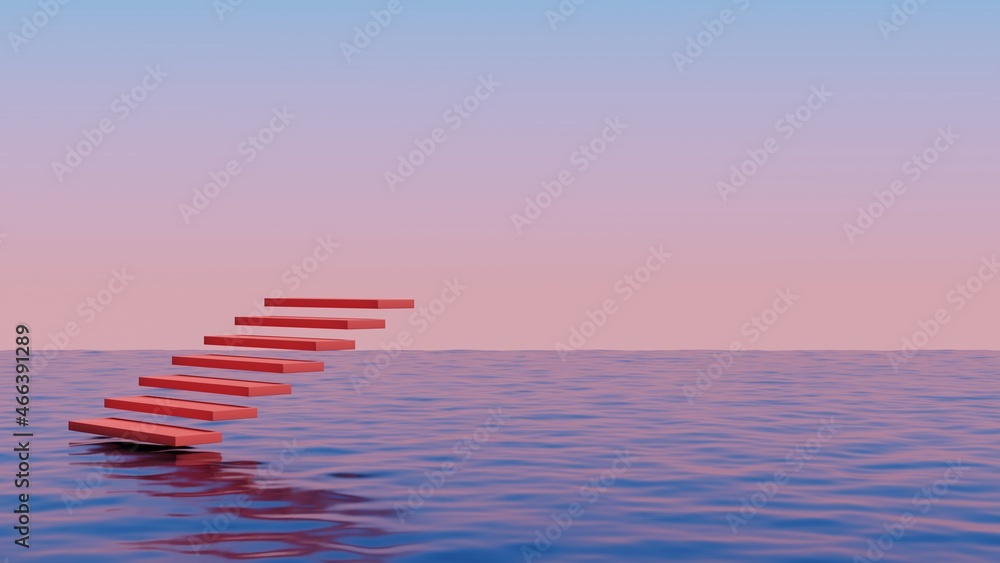 Poster Red staircase floating above the ocean.Abstract minimal surreal background.3d rendering illustration.