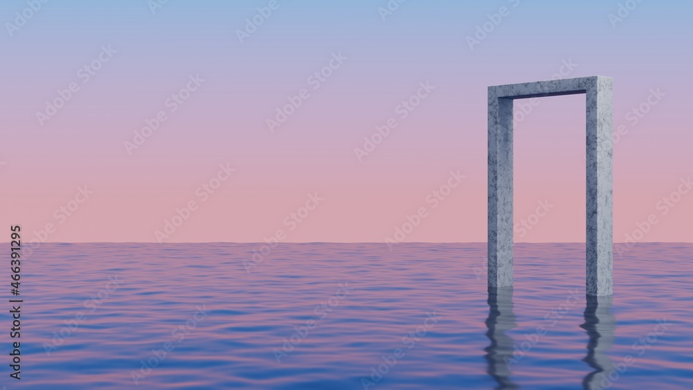 Poster Concrete arch floating on the ocean.Abstract minimal surreal background.3d rendering illustration.