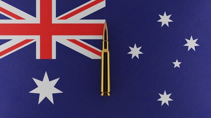 3D rendering of top down view of a single rifle bullet in the center and on top of the national flag of Australia