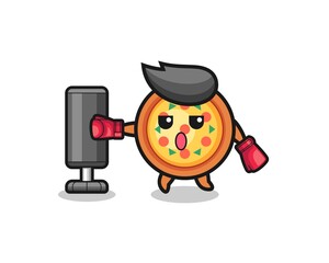 pizza boxer cartoon doing training with punching bag