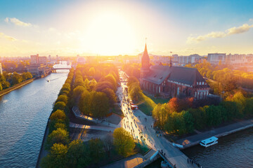 Aerial top view Kant Island, Museum of World Ocean city Kaliningrad Russia with blue sky sunset