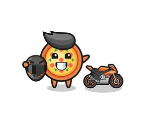cute pizza cartoon as a motorcycle racer