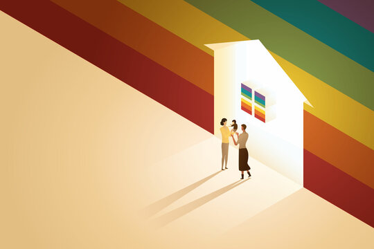 Lesbian Bisexual Couple Parents Stand In Front Of A Glowing House On Wall A Rainbow.