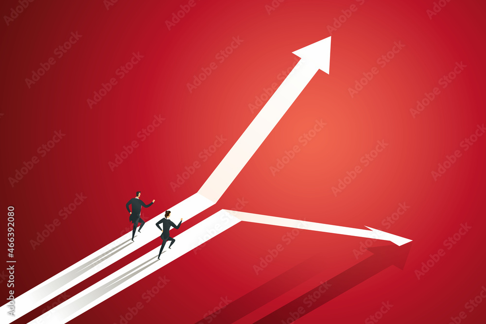 Poster two businessmen running on an up and down arrow graph.