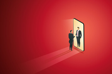 Businessmen shaking hands through a smartphone screen.