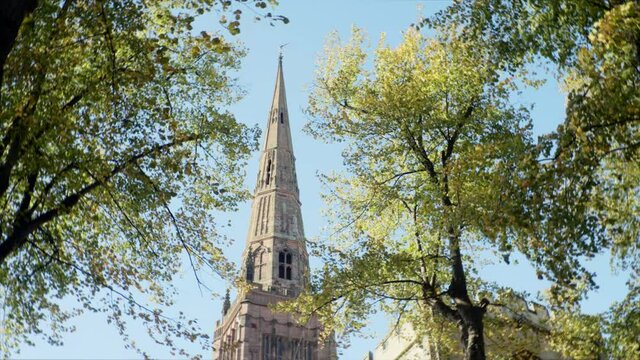 Exterior shot of the Holy Trinity Church spire in Coventry city, England