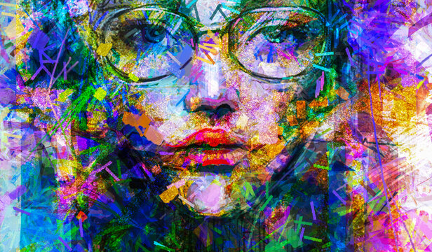 Oil or acrylic paint on canvas texture. Abstract color portrait of young woman. Modern art, oil painting colorful female face. Illustration artwork paint design for background, Impressionism style