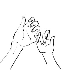 Obraz premium 指切りする手、約束、指切りげんまん、親子、線画