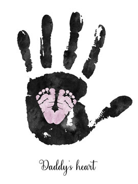 Watercolor girl footprint in father handprint. Daddy and daughter family illustration of pink handprints of baby footprint in parents hand. Fathers day illustration.