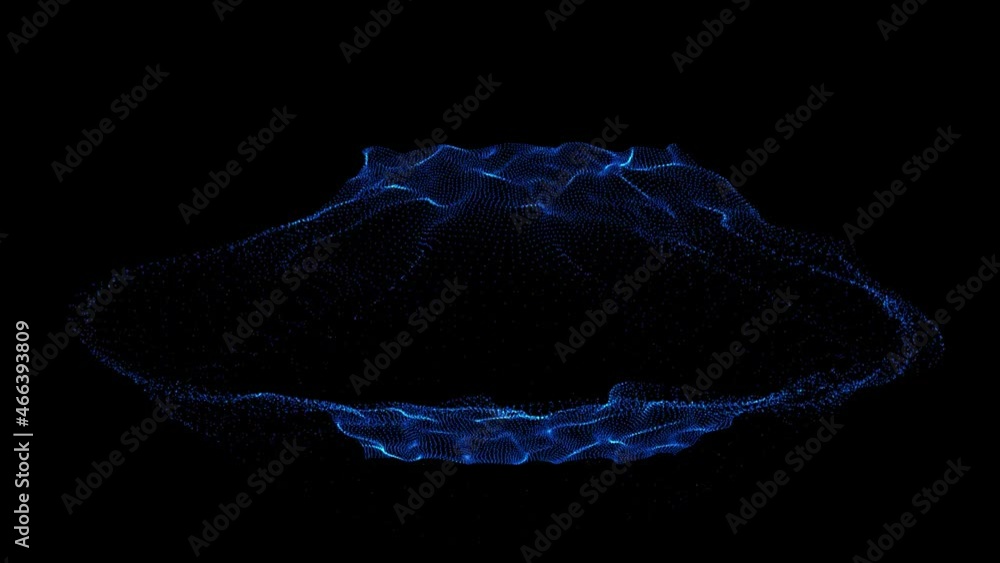 Poster abstract digital blue color wave with flowing small particles dance motion on wave and light abstrac