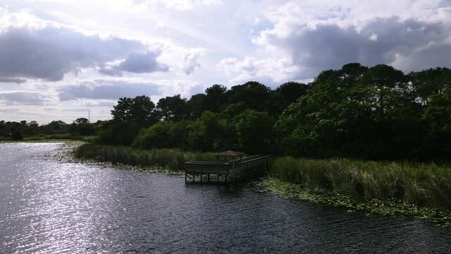 A Beautify And Sunny Panning Shot A Dock In Lake Lawne Located Near The Orlando Fairgrounds In Orlando, Florida.