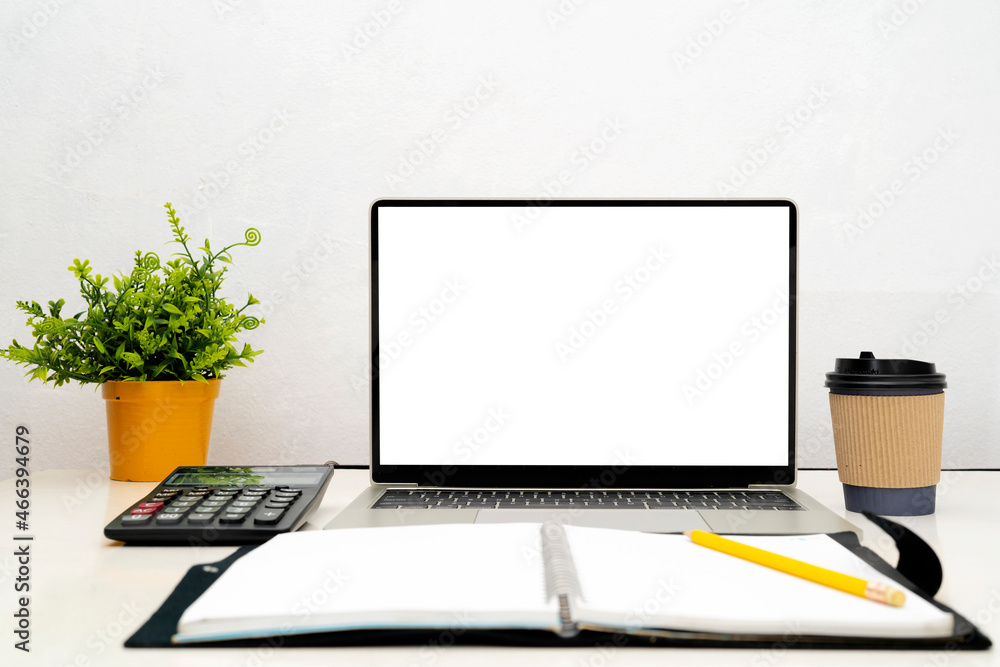 Poster opened notebook and other office equipment such as computer