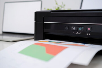 Office table. Printer and computer.