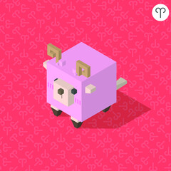 aries zodiac cartoon cubic isometric on green background with their sign on color background