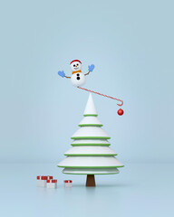 New Year and Christmas background. Snowman balancing on Christmas tree