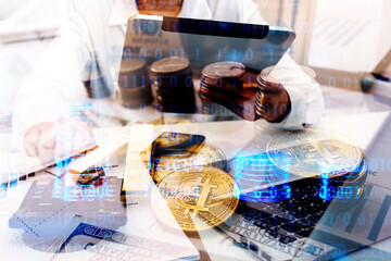 businesswoman holding coins putting in glass with using smartphone and calculator to calculate concept saving money for finance accounting