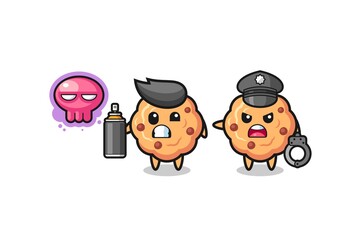 chocolate chip cookie cartoon doing vandalism and caught by the police