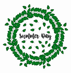 Vector summer wreath with leaves. Template for invitation, packaging, textile, background, wallpaper and other uses. Summer illustration.