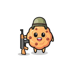Fototapeta premium cute chocolate chip cookie mascot as a soldier