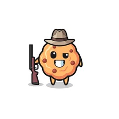 chocolate chip cookie hunter mascot holding a gun