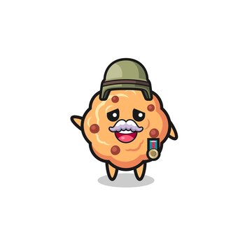 cute chocolate chip cookie as veteran cartoon