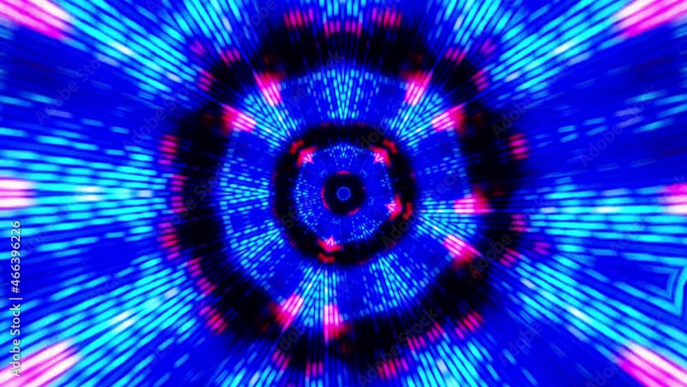 Poster infinite loop rotating kaleidoscope hypnotic tunnel of shining blue red neon color lights. 4k abstra