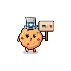 chocolate chip cookie cartoon as uncle Sam holding the banner I want you