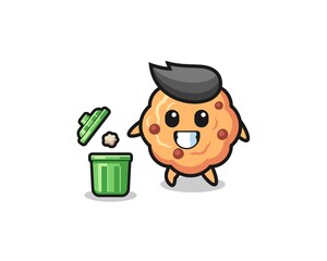 illustration of the chocolate chip cookie throwing garbage in the trash can
