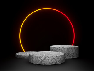 3D granite podium with gradient neon frame. Stone mockup on black background.