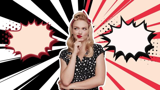 Pensive Young sexi woman retro style with red lips posing with speech bubbles pop art style animation. Blond girl look at camera isolated on Vintage backdrop for comic superhero text, speech bubble.