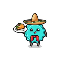 bottle cap Mexican chef mascot holding a taco