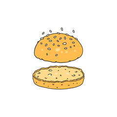 Burger bun with sesame in colored sketch style, vector illustration isolated on white background.
