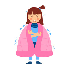 Cute freezing girl child in winter. Kids shivering under blanket in flat design on white background.
