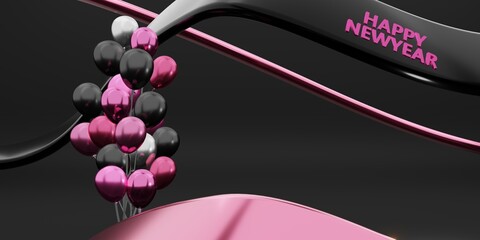 happy new year and christmas balloon and ribbon background 3d illustration