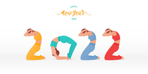 Happy New Year 2022 banner with yoga poses or asana posture. Year of good health. Banner design template for New Year 2022 decoration in Yoga Concept.