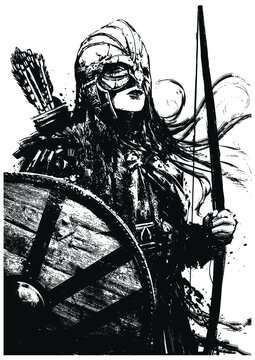 A Viking girl in full gear with a longbow, a shield in a helmet, stands proudly, her hair fluttering in the wind, she is dressed in fluffy skins and leather armor. 2d rough sketch art