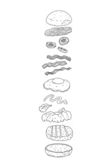 Set of ingredients for burger or english muffin for breakfast. Layered hamburger hand drawn sketch.