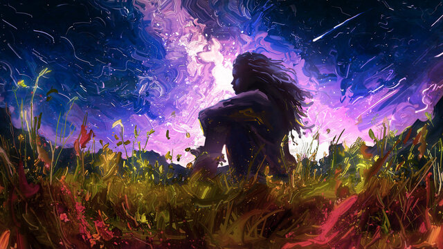 A young girl sits in the middle of a large glade of magical flowers and looks into infinity, against the background of the night sky with an incredible number of bright stars. 2d oil illustration