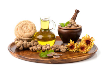 Black galingale rhizome and oil isolated on white background.