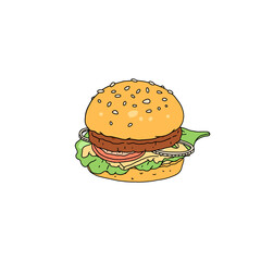 Tasty cheeseburger with patty minced beef vector icon. Fast food logo with detailed cartoon style burger.