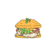 Big sandwich with lot of food ingredients colorful vector illustration isolated.