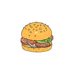 Detailed cartoon burger with sausage, jalapeno, onion and tomato. Cartoon vector icon of hamburger fast food.