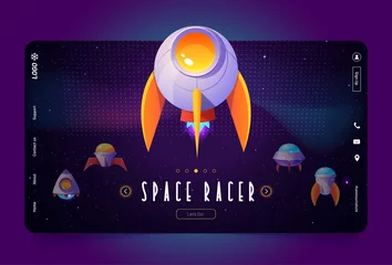 Fotobehang Space racer game cartoon landing page with alien spaceships, rockets, ufo, fantasy shuttles. Computer shooter, galaxy battle videogame with cosmic funny spaceships Vector web banner graphic design © klyaksun