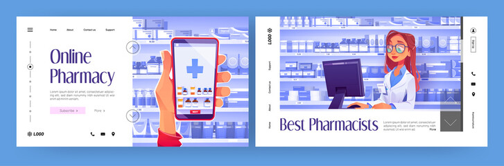 Online pharmacy cartoon landing pages, hand holding smartphone with application for ordering medicines in internet. Pharmacist in drugstore near shelf with pills, medicals products vector web banners - obrazy, fototapety, plakaty