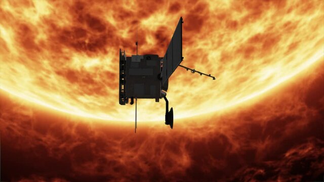 Dramatic 3D CGI animated render of the solar orbiter spacecraft in orbit around the Sun as it spins slowly, with the sun's surface and dramatic solar flares in the background