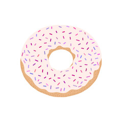 Donut with glaze and sprinkles, isolated on white background. Flat hand-drawn illustration.