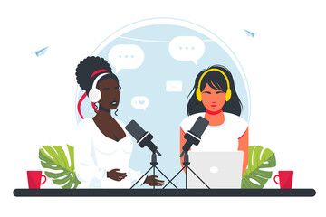 woman African woman and European woman recording a podcast, broadcasting online on radio. People in headphones talking into a microphone. person radio host interviewing guest, mass media broadcasting