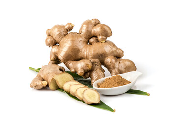 Ginger or zingiber officinale and powder isolated on white background.